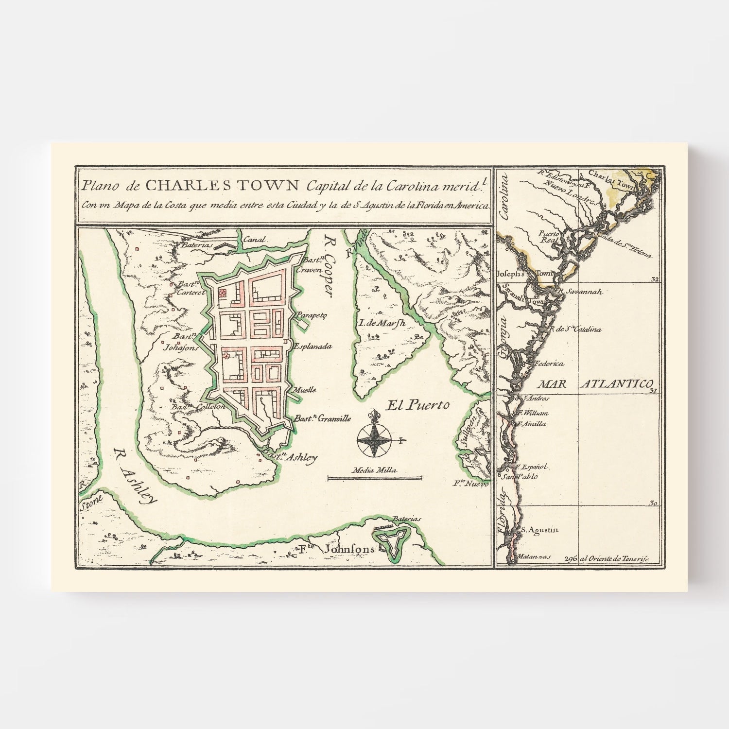 Vintage Map of Charleston, South Carolina 1753