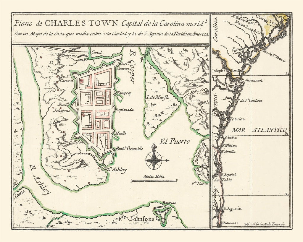 Vintage Map of Charleston, South Carolina 1753