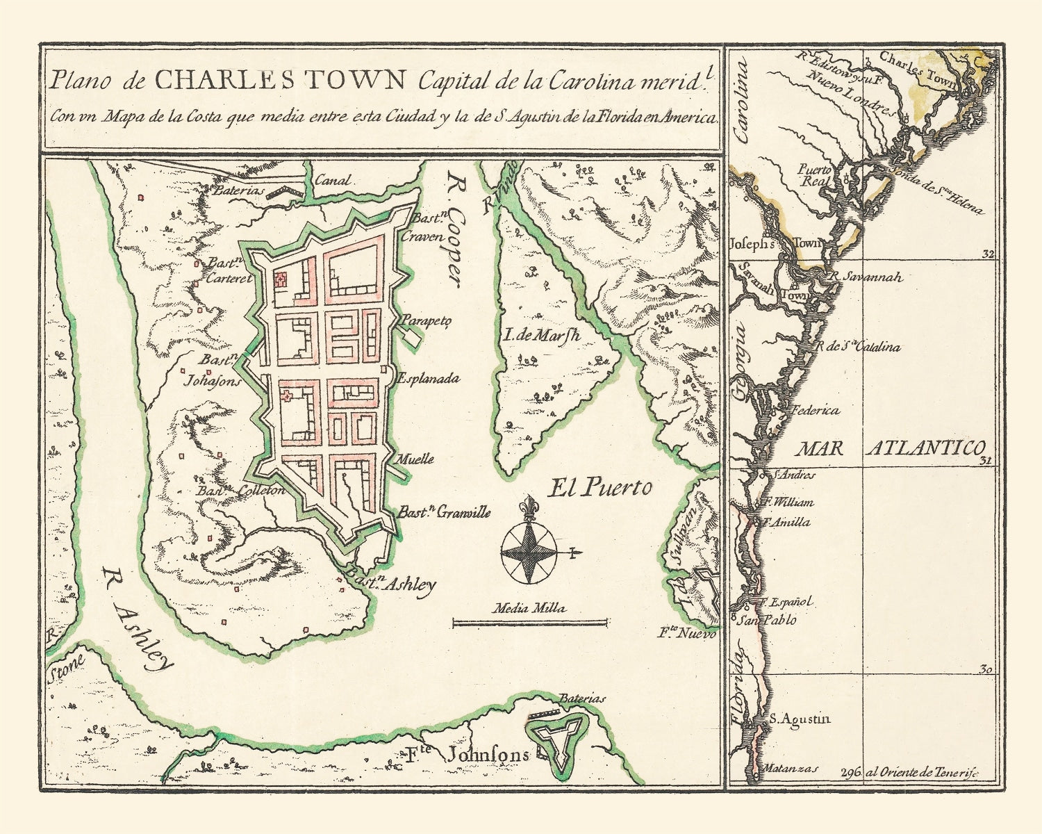 Vintage Map of Charleston, South Carolina 1753