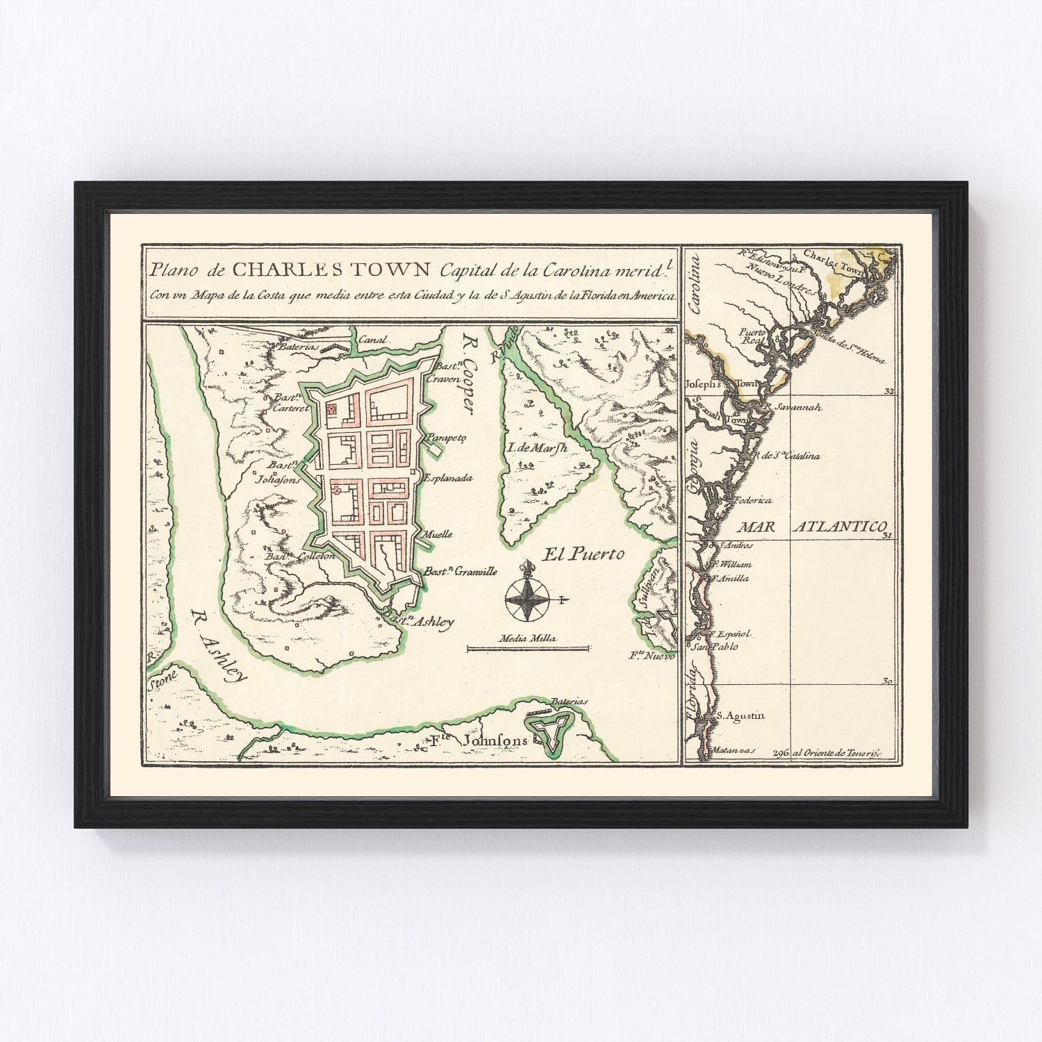 Vintage Map of Charleston, South Carolina 1753