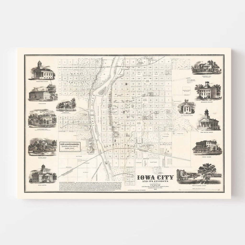 Vintage Map of Iowa City, Iowa 1854