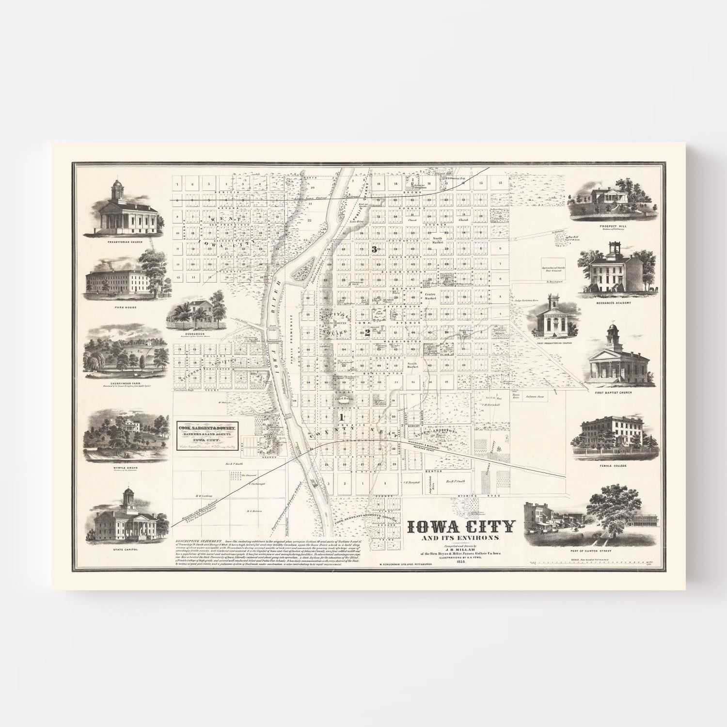 Vintage Map of Iowa City, Iowa 1854