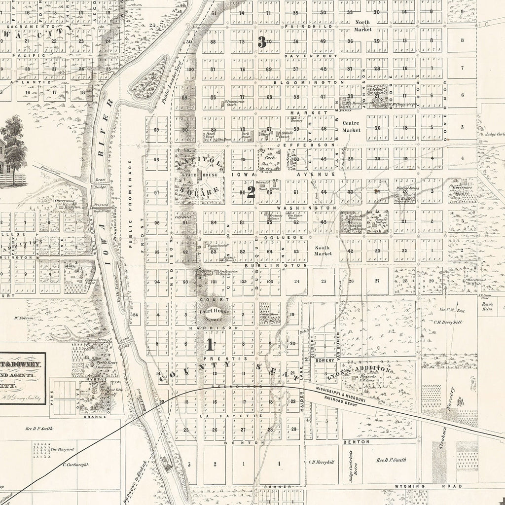 Vintage Map of Iowa City, Iowa 1854