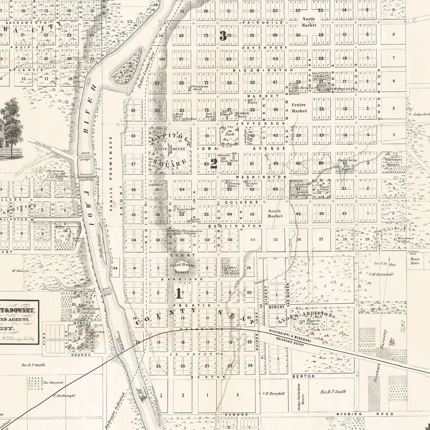 Vintage Map of Iowa City, Iowa 1854
