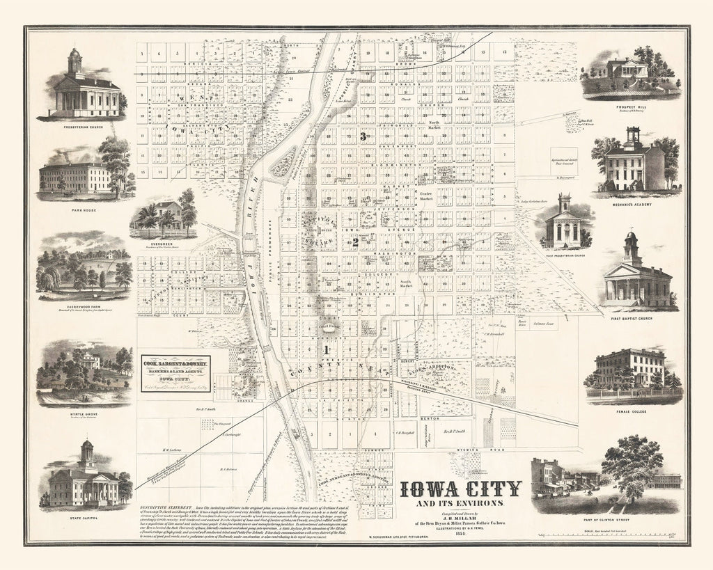 Vintage Map of Iowa City, Iowa 1854