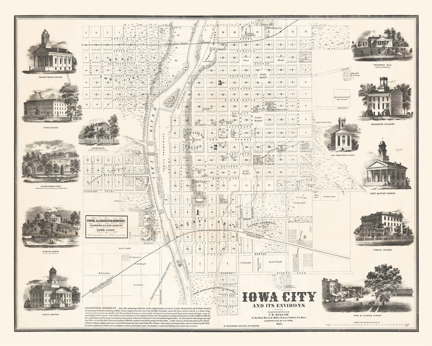 Vintage Map of Iowa City, Iowa 1854