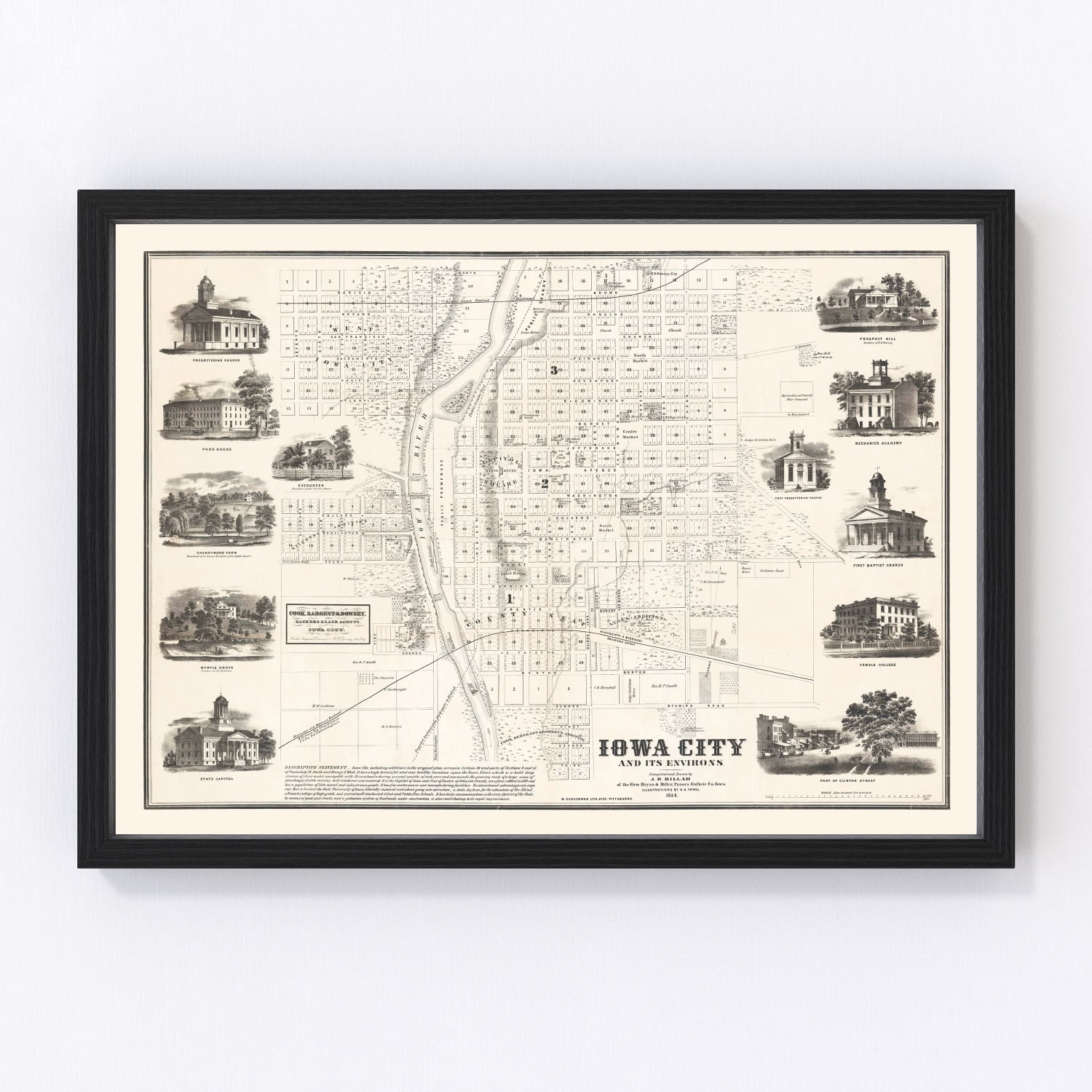 Vintage Map of Iowa City, Iowa 1854