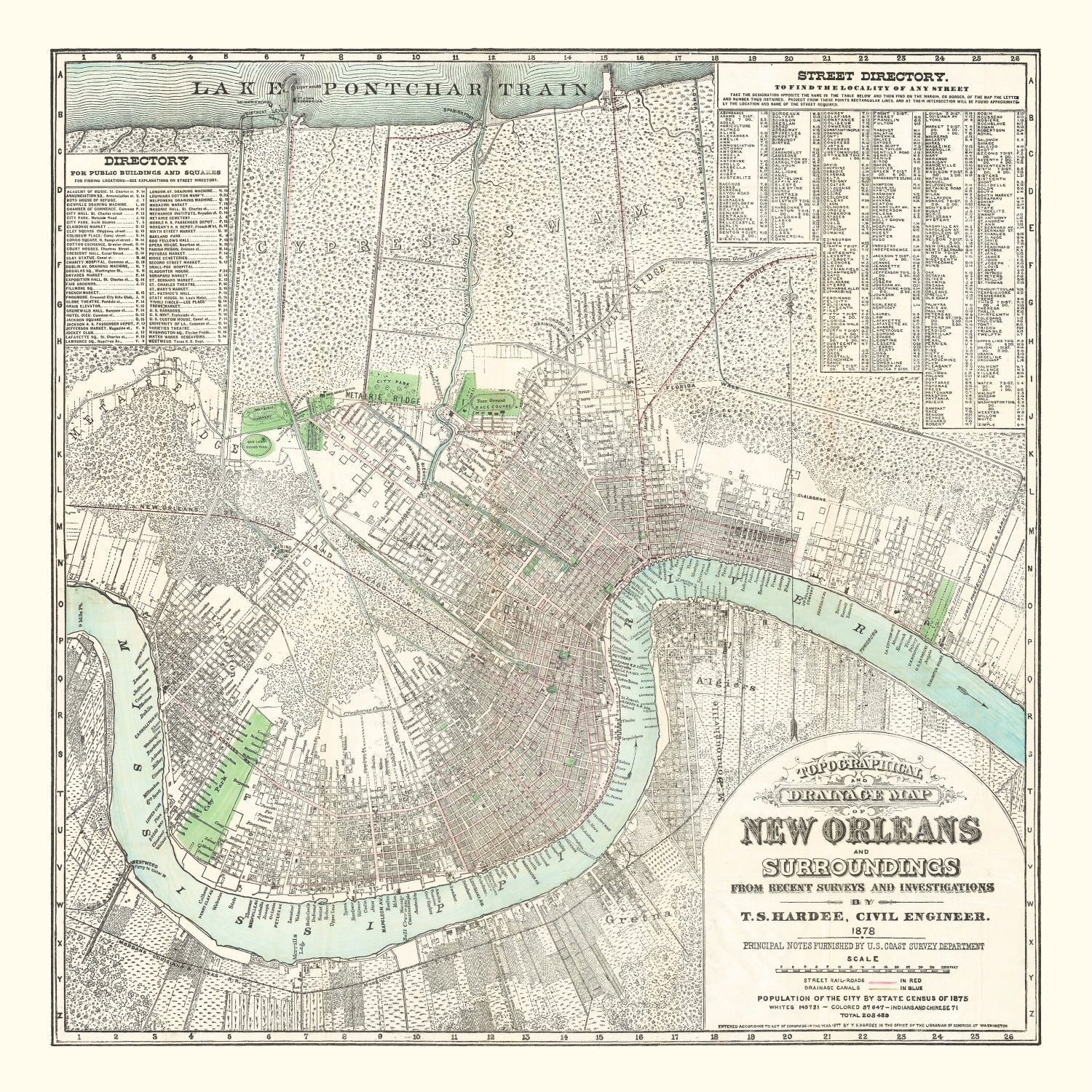 Vintage Map of New Orleans, Louisiana 1878