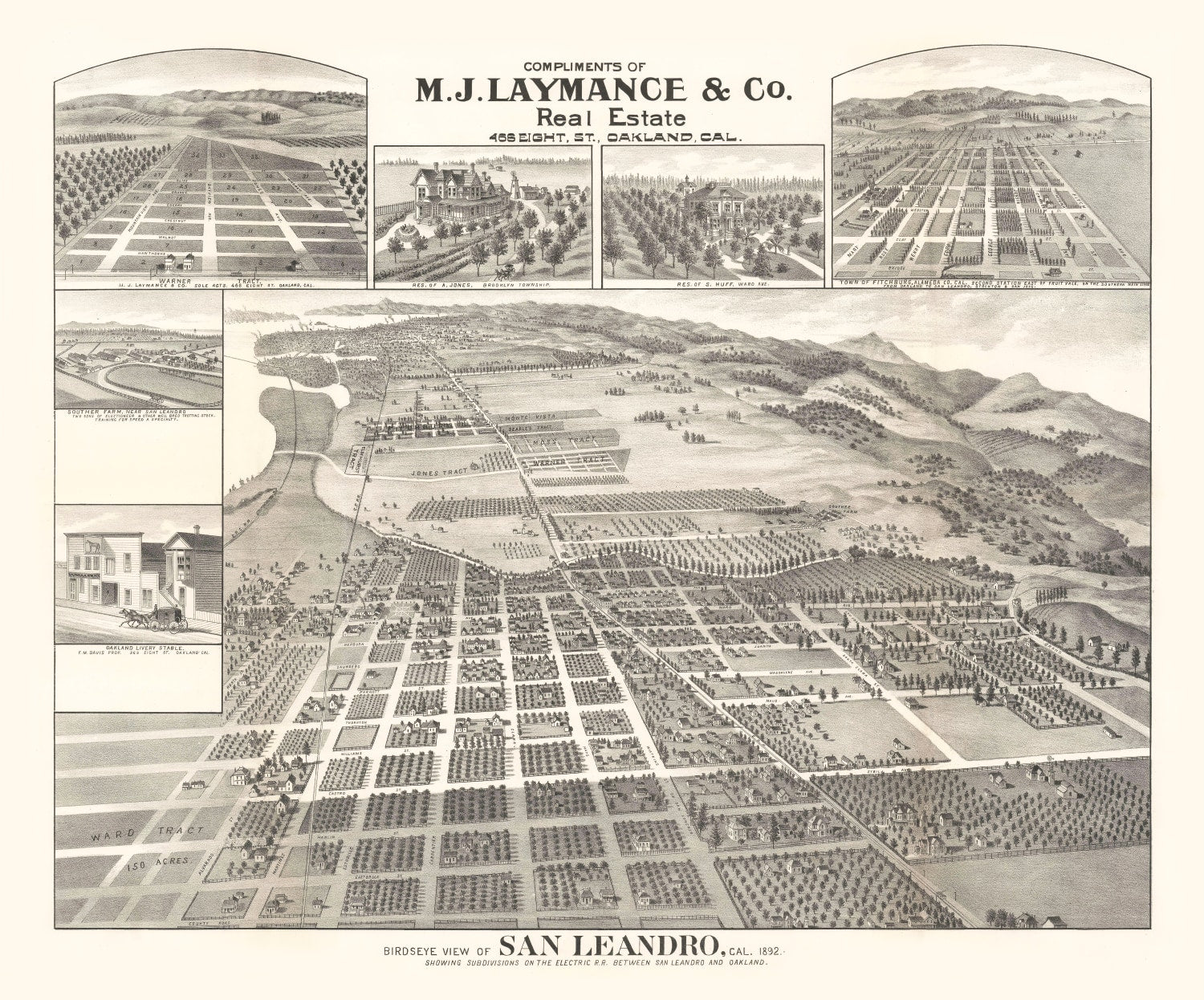 Vintage Map of San Leandro, California 1892