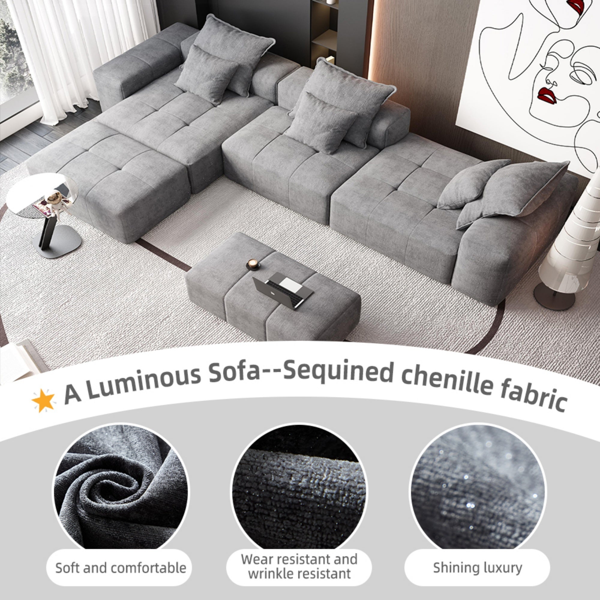 Modern Oversized Modular Sectional Sofa, Sparkling Chenille Fabric Soft Cushion Sofa with 6 Pillows, 6 PCS DIY Combination Tufted Sofa, No Assembly Required, GREY