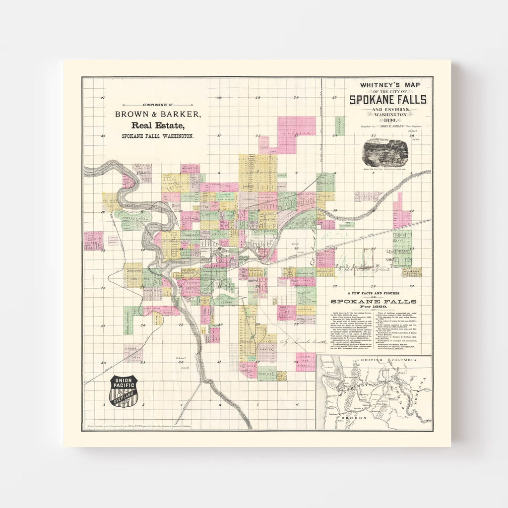 Vintage Map of Spokane Falls, Washington 1890