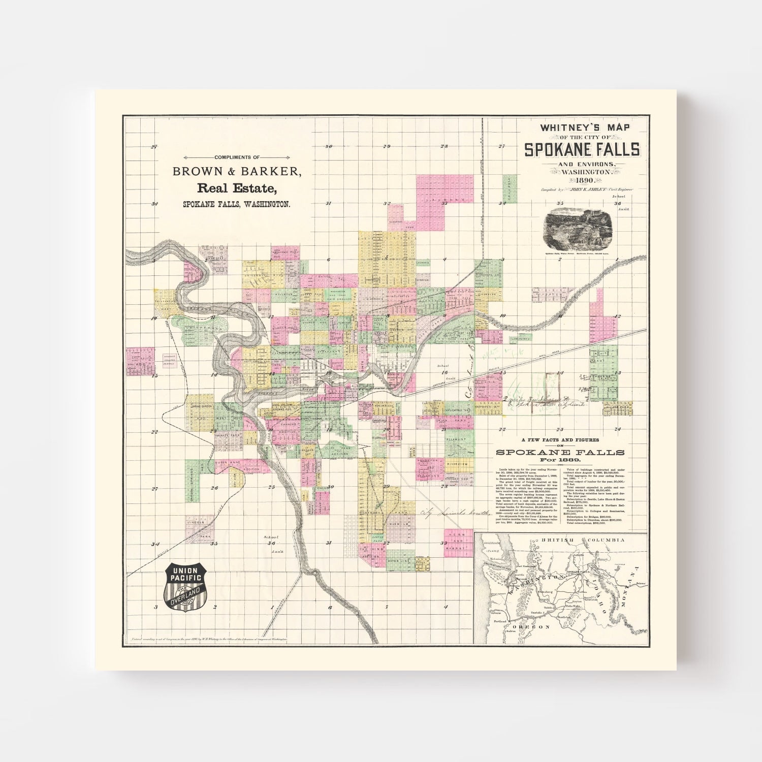 Vintage Map of Spokane Falls, Washington 1890