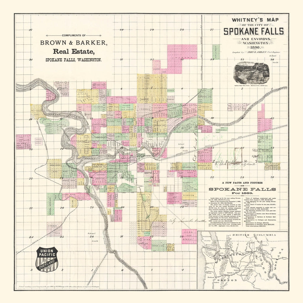 Vintage Map of Spokane Falls, Washington 1890