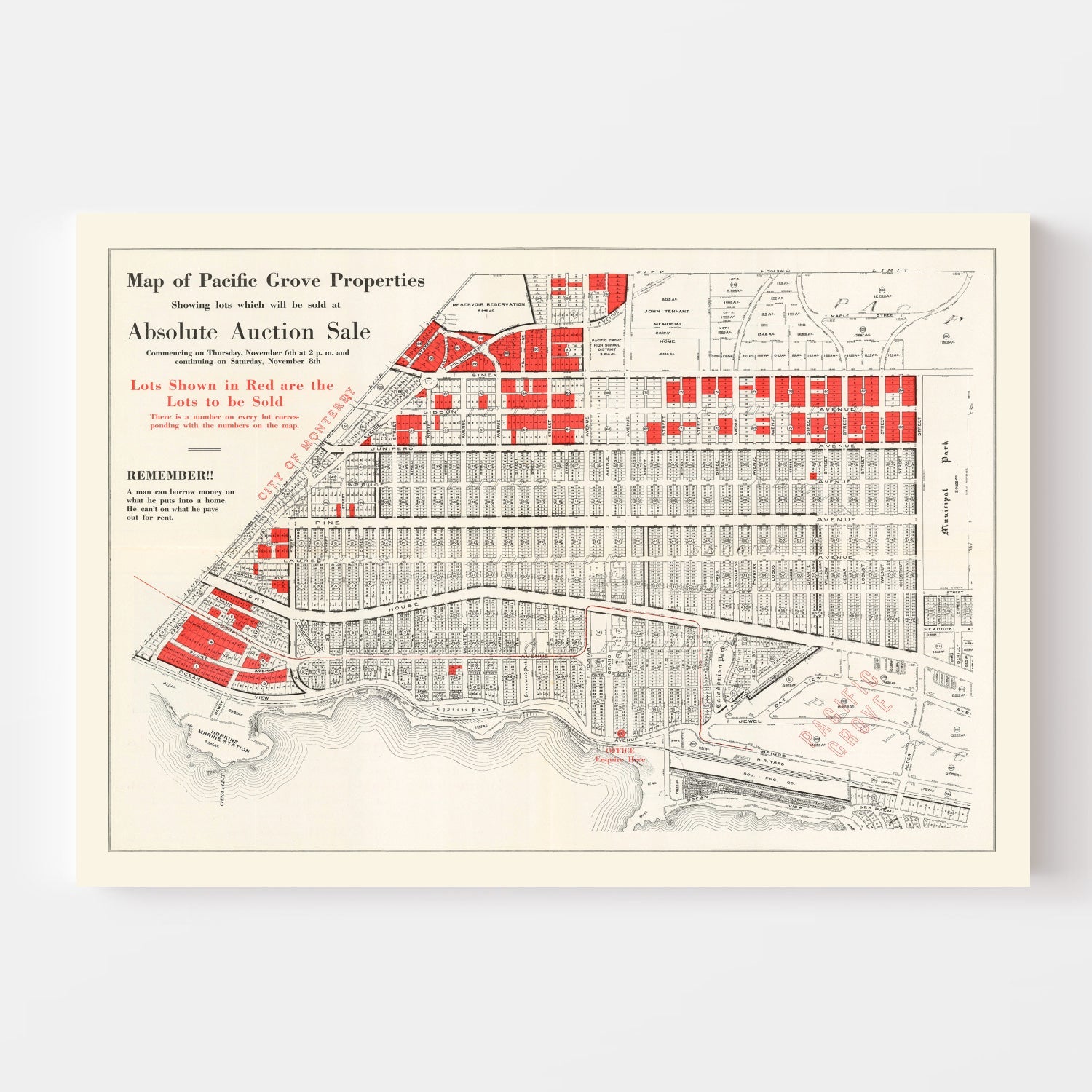 Vintage Map of Pacific Grove, California 1919