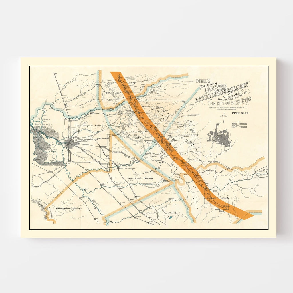 Vintage Map of Mother Lode Mineral Belt, 1898