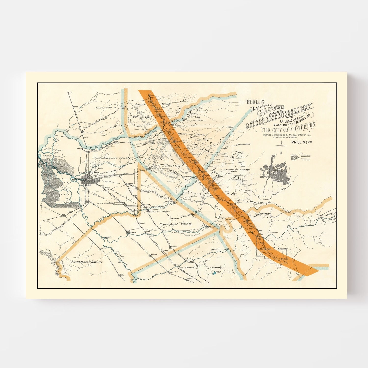 Vintage Map of Mother Lode Mineral Belt, 1898