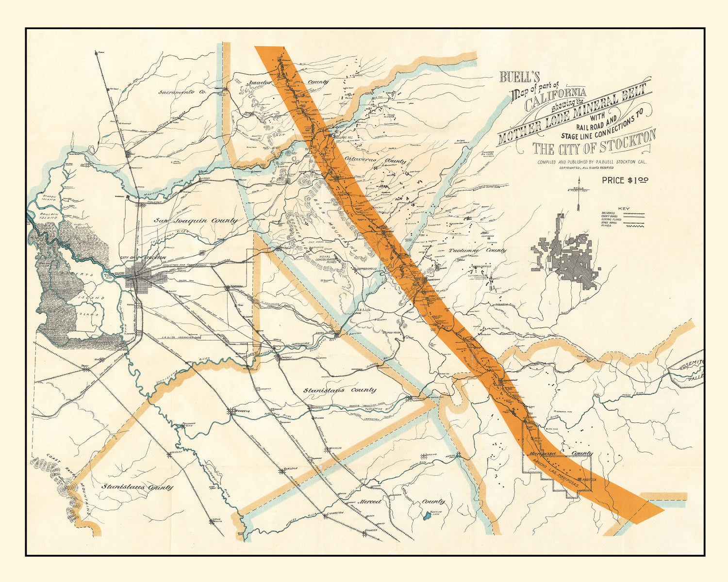Vintage Map of Mother Lode Mineral Belt, 1898