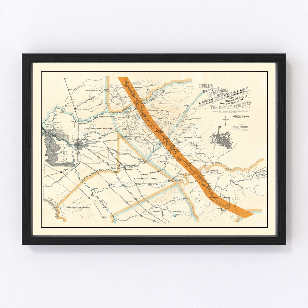 Vintage Map of Mother Lode Mineral Belt, 1898