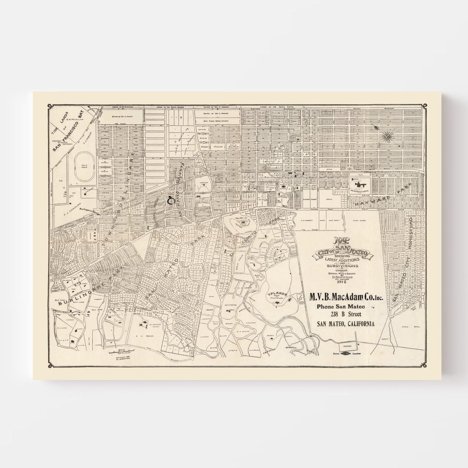 Vintage Map of San Mateo, California 1912