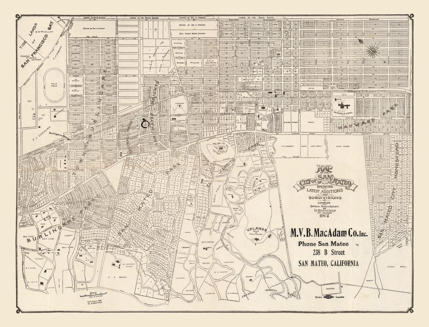 Vintage Map of San Mateo, California 1912