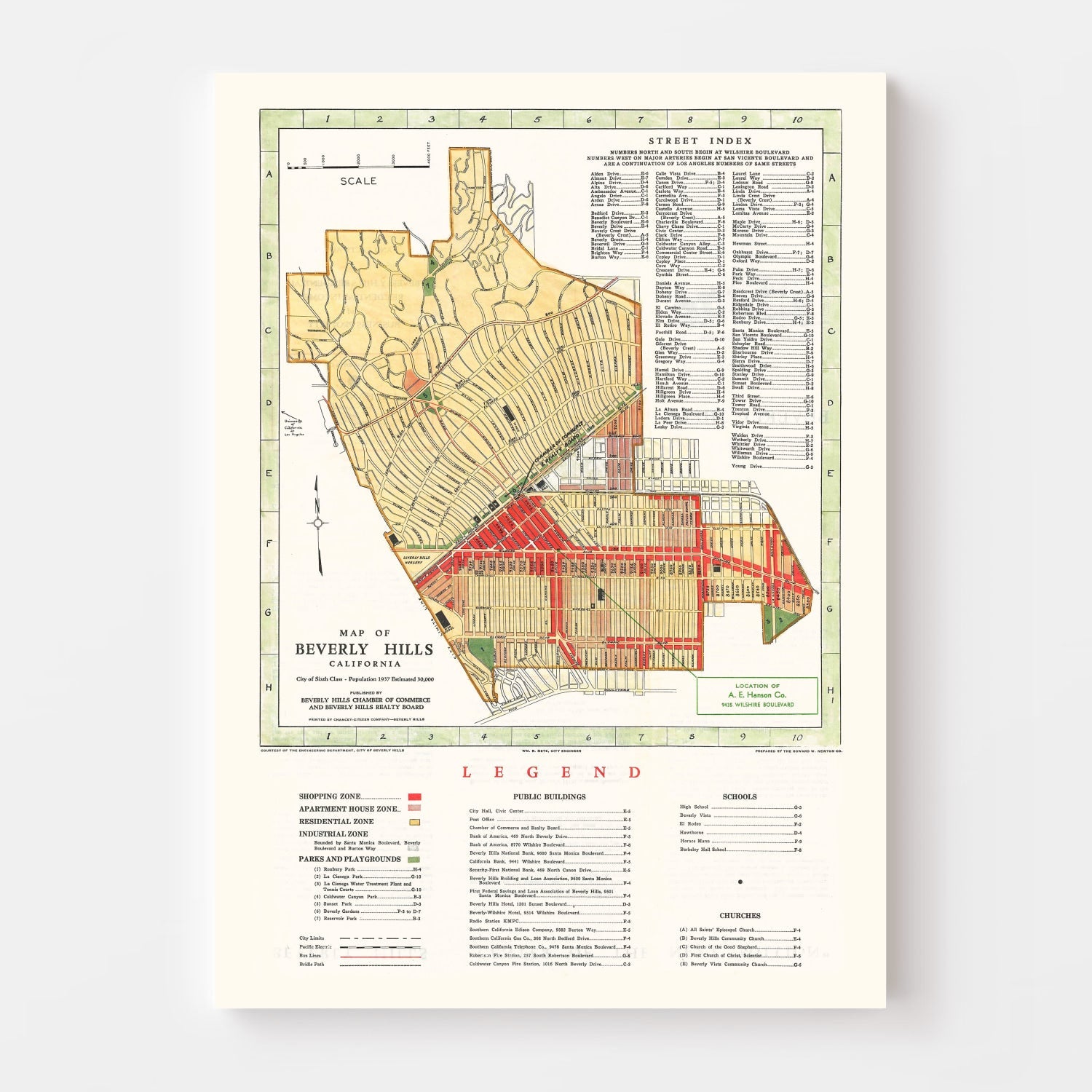 Vintage Map of Beverly Hills, California 1937