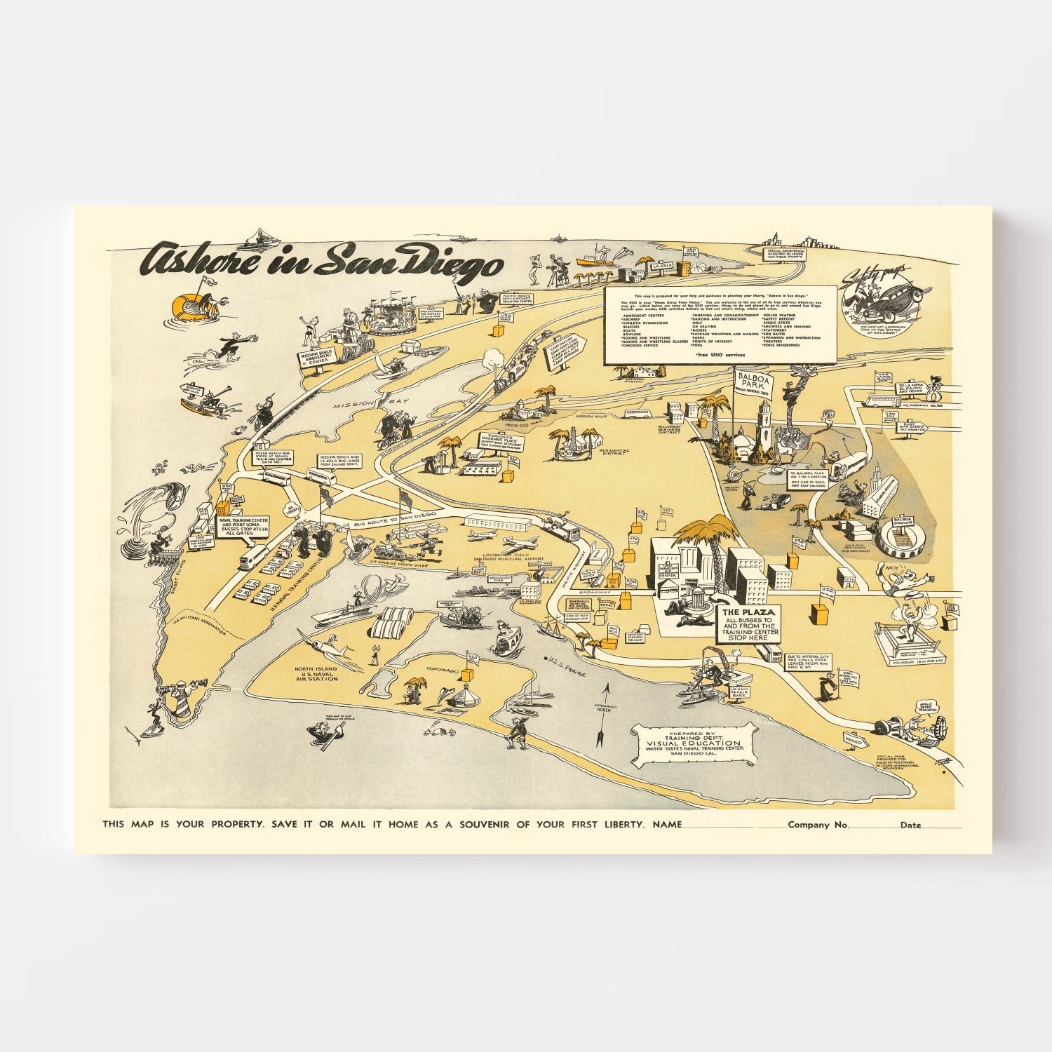 Vintage Map of San Diego, California 1943