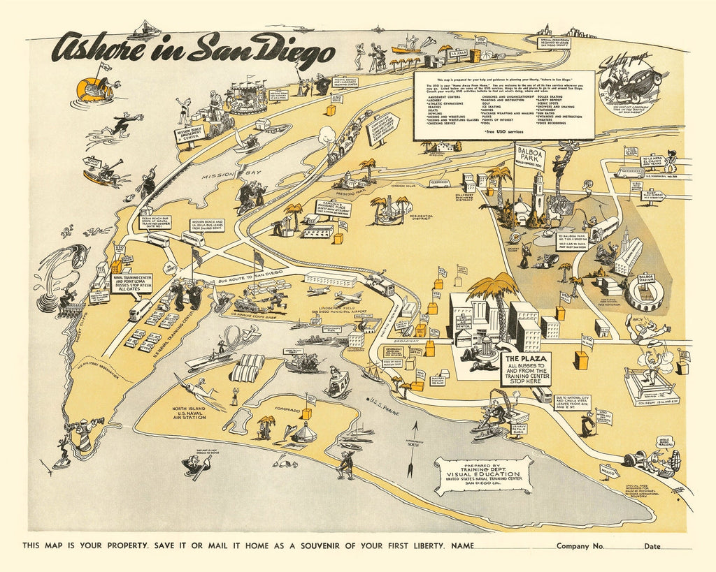 Vintage Map of San Diego, California 1943