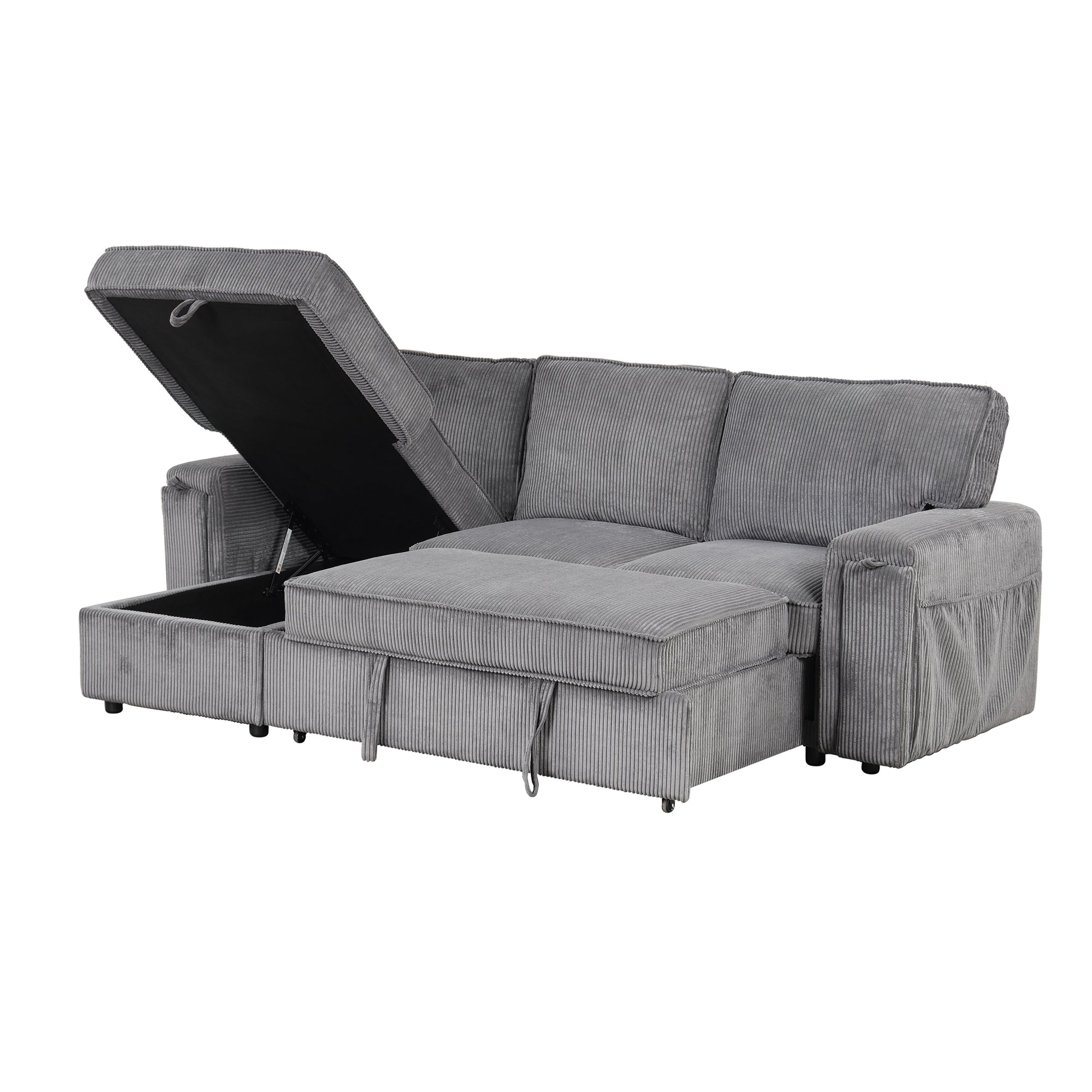 U_STYLE Upholstery Sleeper Sectional Sofa with Storage Bags and 2 cup holders  on Arms