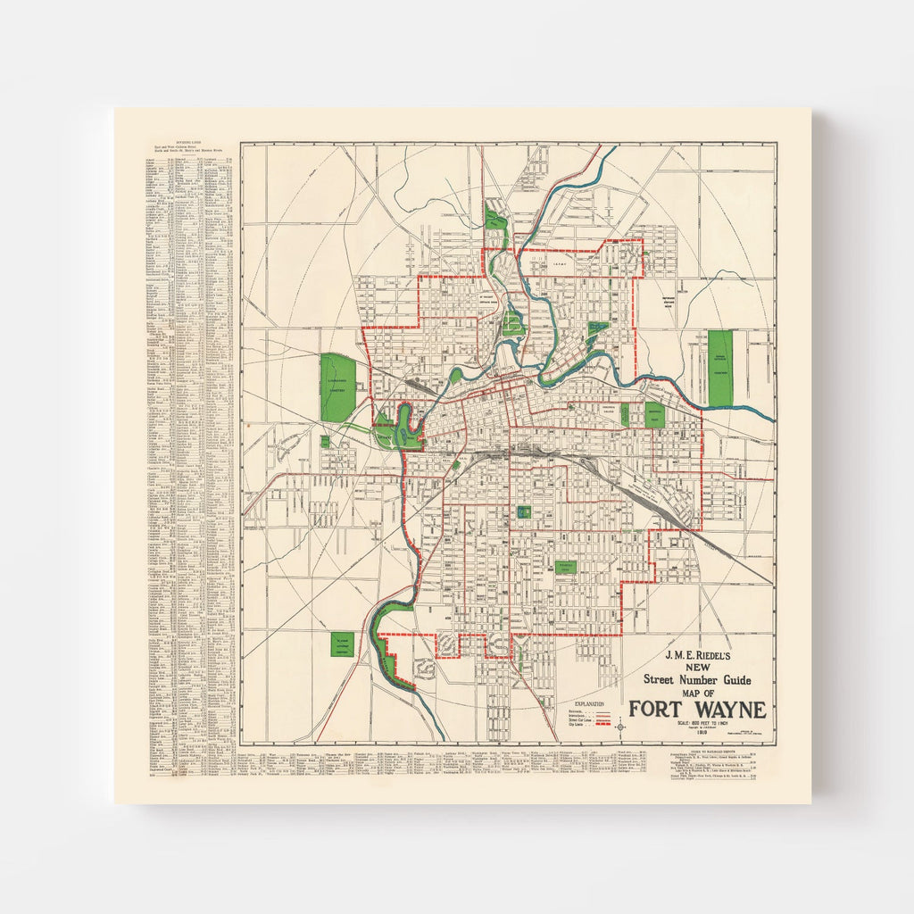 Vintage Map of Fort Wayne, Indiana 1919