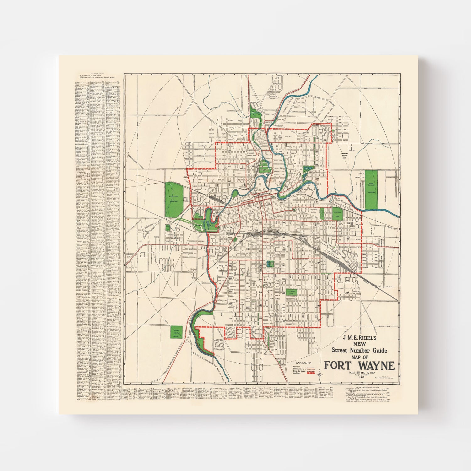 Vintage Map of Fort Wayne, Indiana 1919