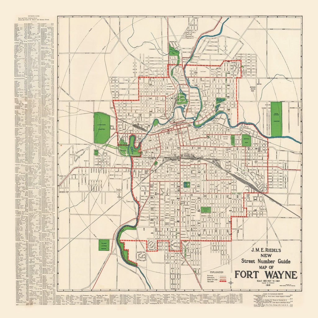 Vintage Map of Fort Wayne, Indiana 1919