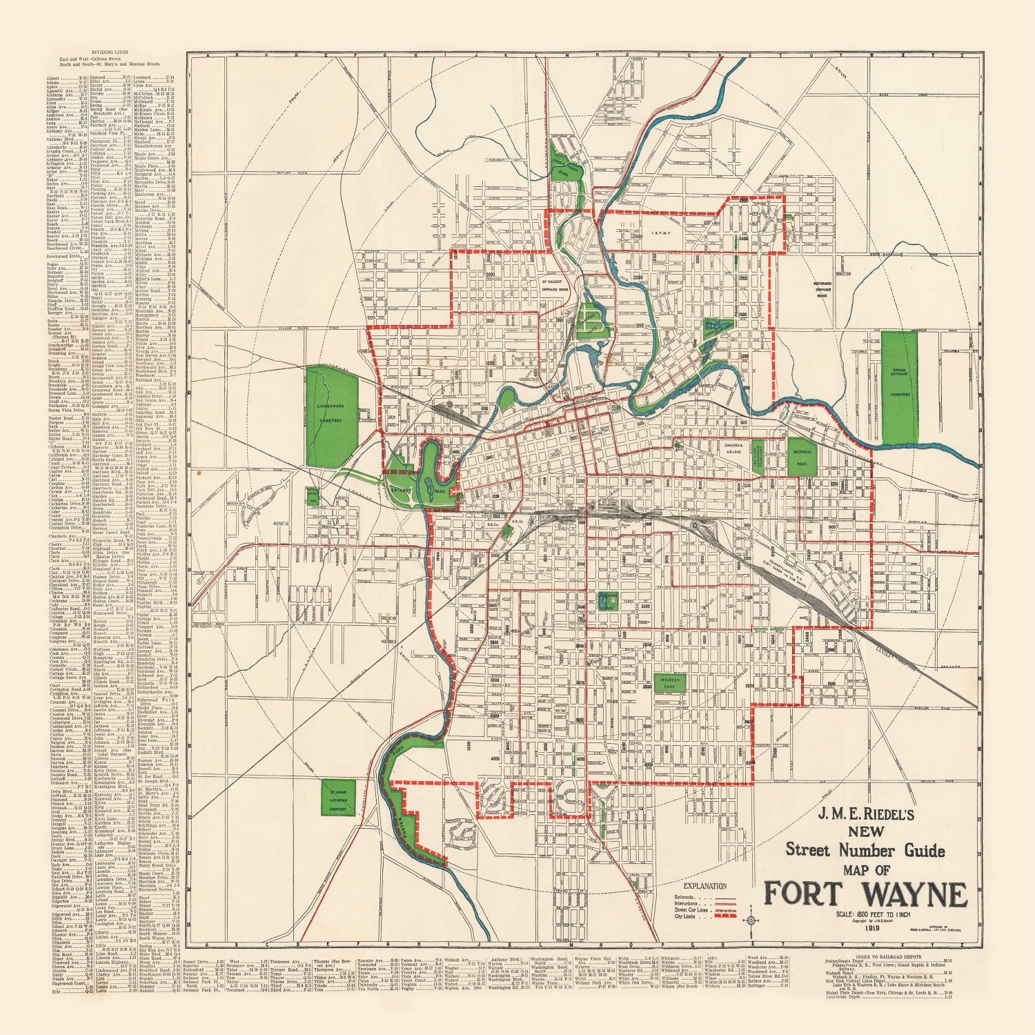 Vintage Map of Fort Wayne, Indiana 1919