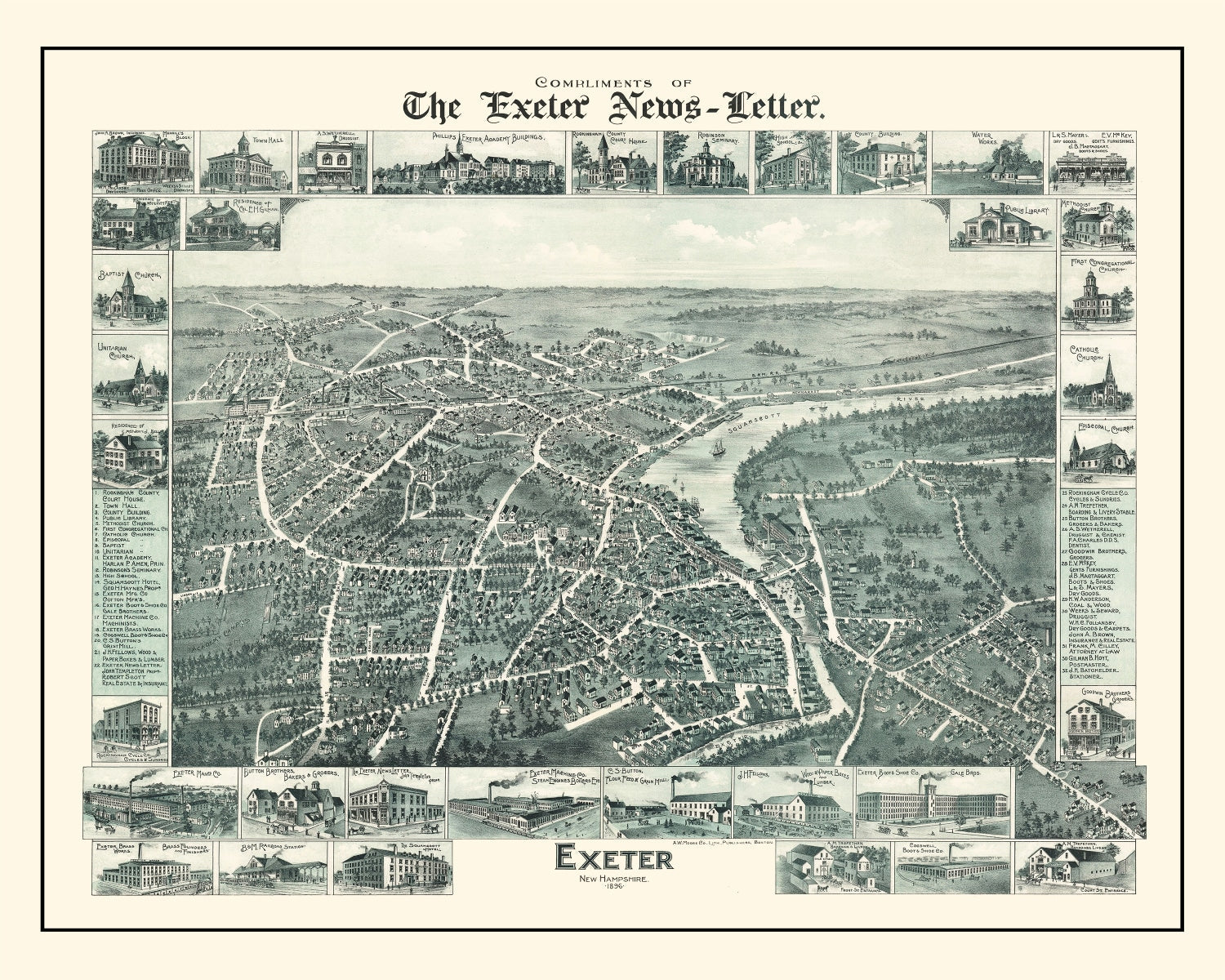 Vintage Map of Exeter, New Hampshire 1896