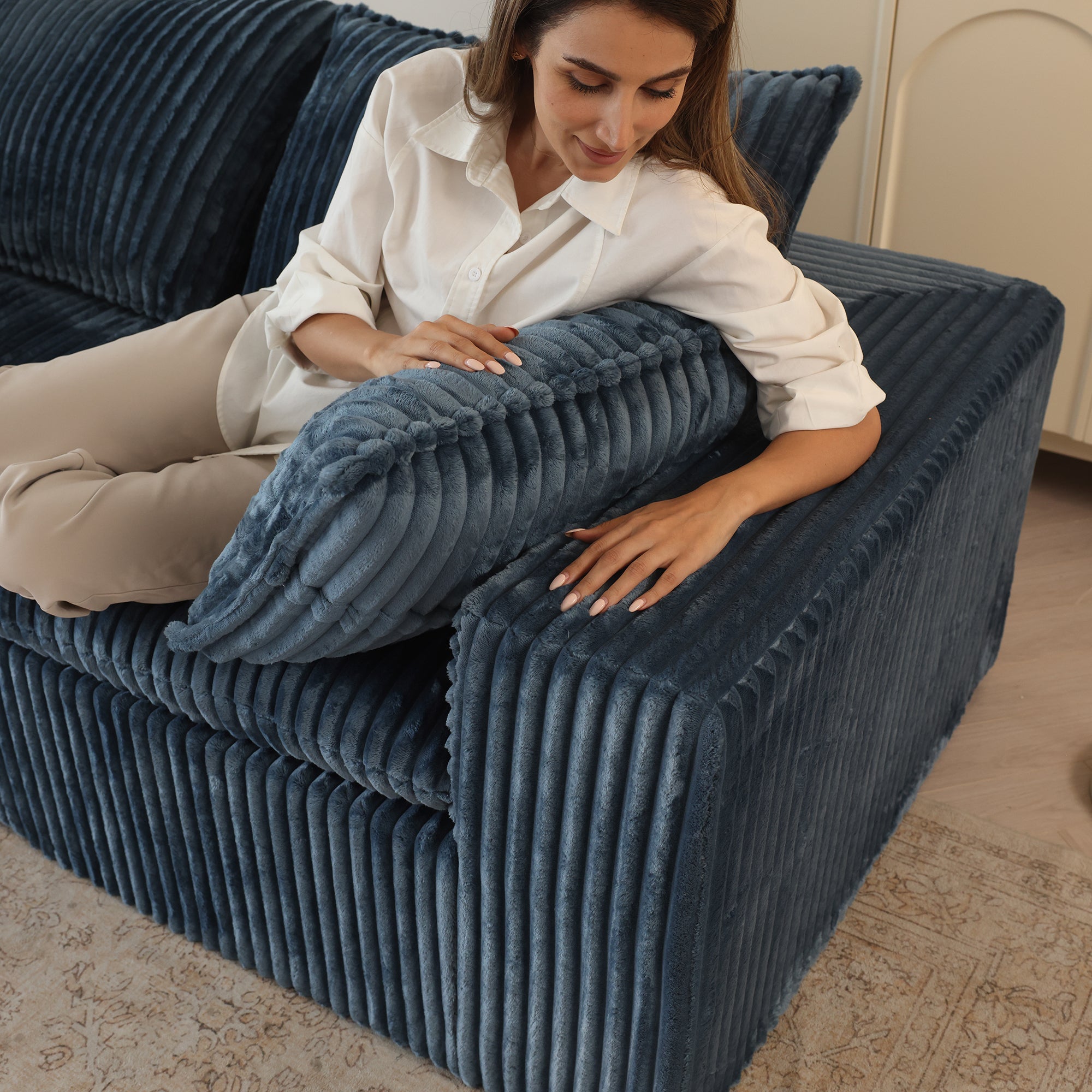 157.6'Cloud Sofa,Corduroy Fabric,Deep Seat Couches,Double-layer design,Removable  Cushion,No Assembly,DIY Combination for Living room, Bedroom,Conference room ,Apartment,Blue