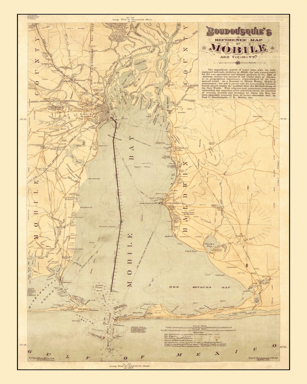 Vintage Map of Mobile, Alabama 1889