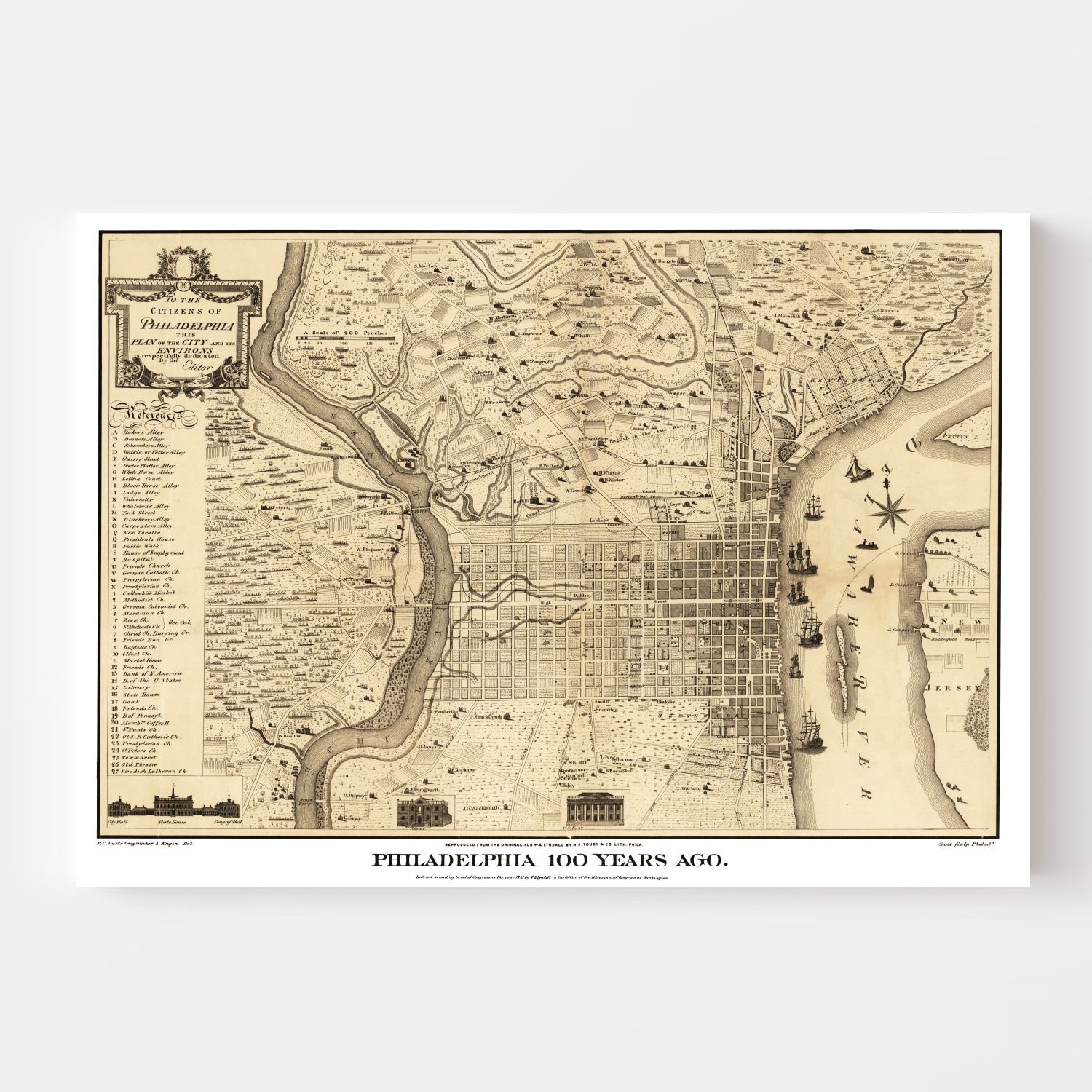 Vintage Map of Philadelphia, Pennsylvania 1875