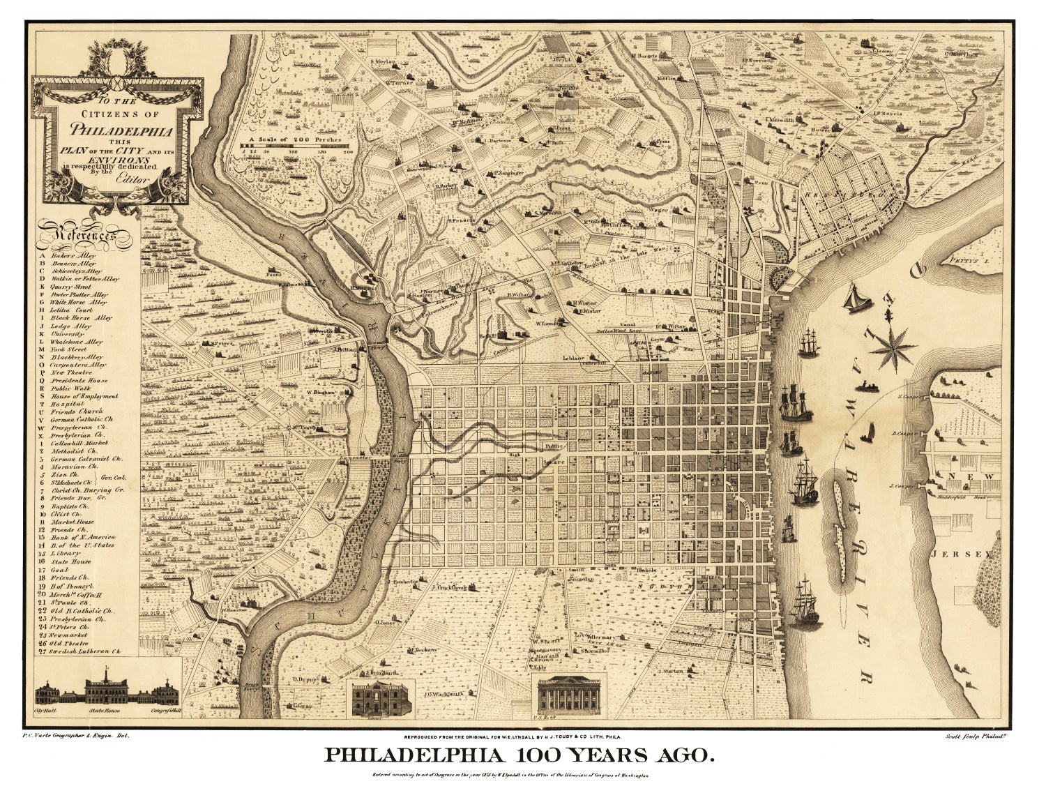 Vintage Map of Philadelphia, Pennsylvania 1875