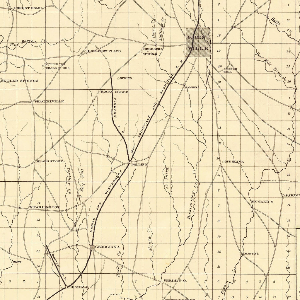 Vintage Map of Butler County, Alabama 1884