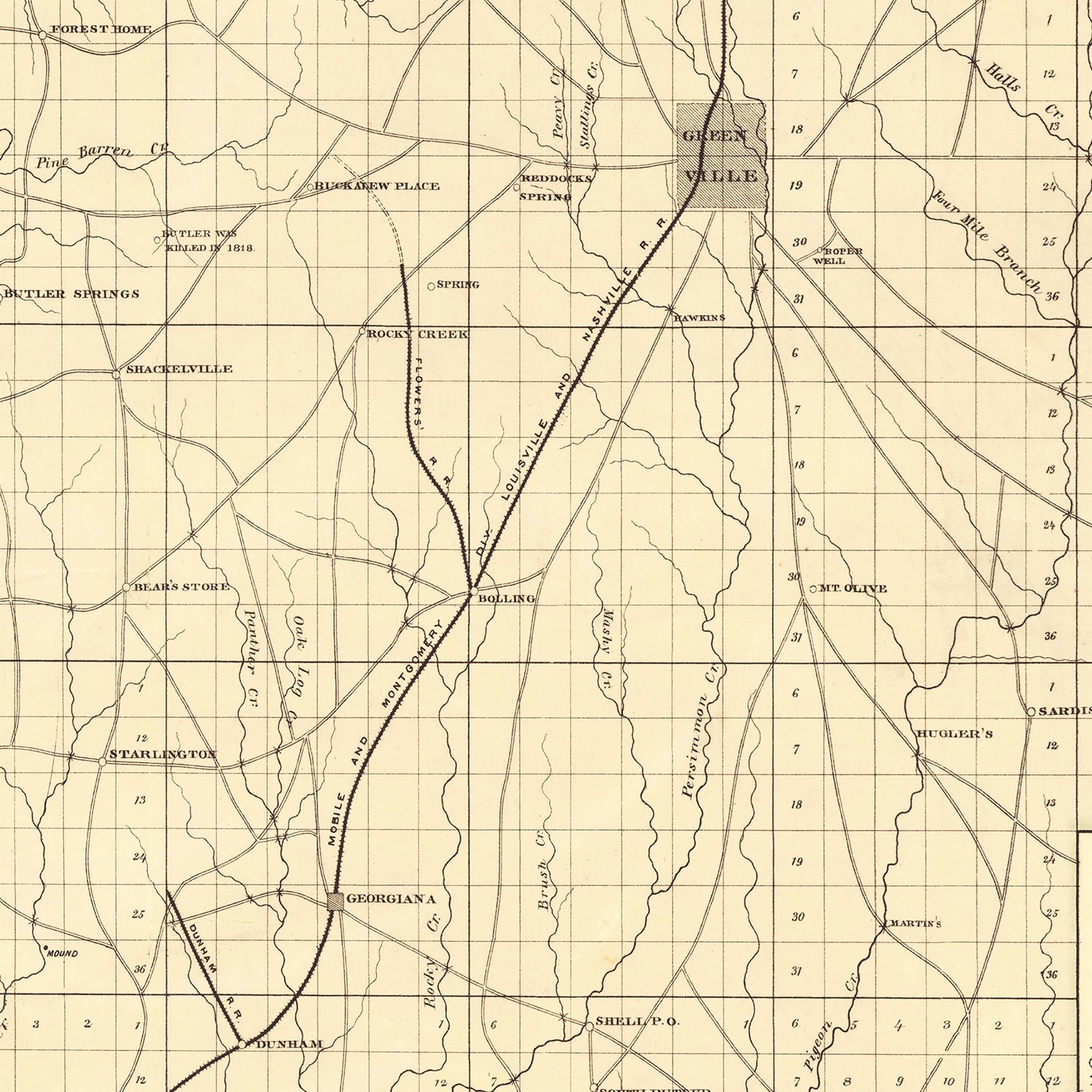 Vintage Map of Butler County, Alabama 1884
