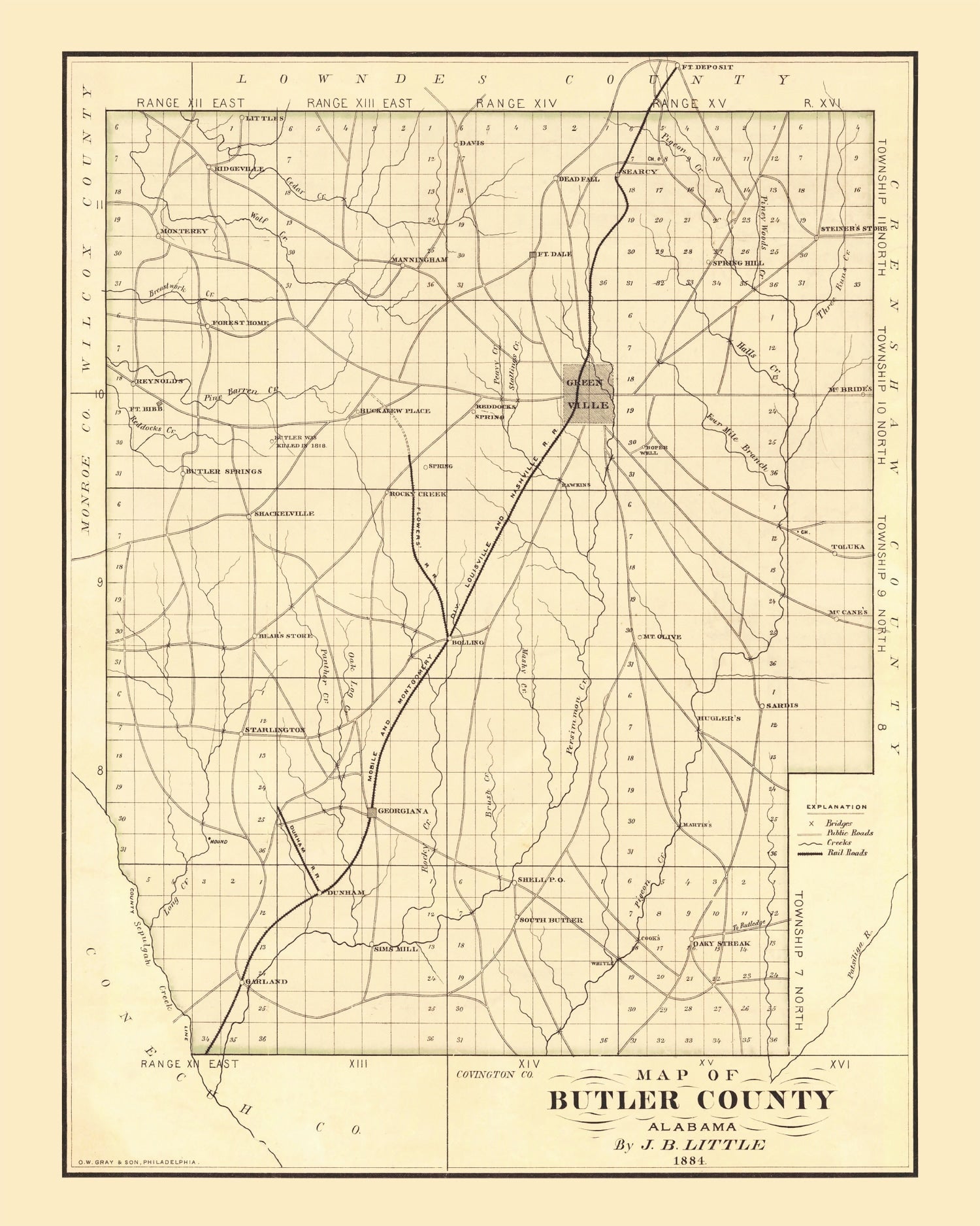Vintage Map of Butler County, Alabama 1884