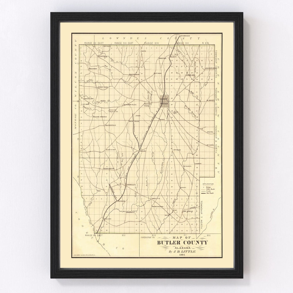 Vintage Map of Butler County, Alabama 1884