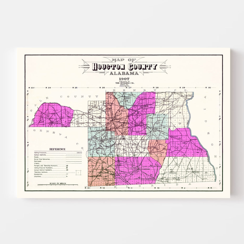 Vintage Map of Houston County, Alabama 1907
