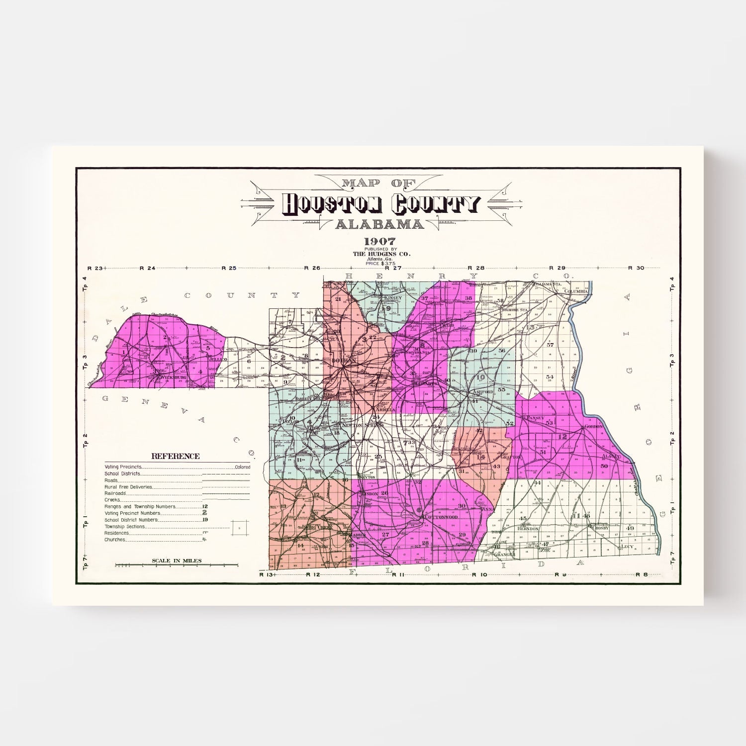 Vintage Map of Houston County, Alabama 1907