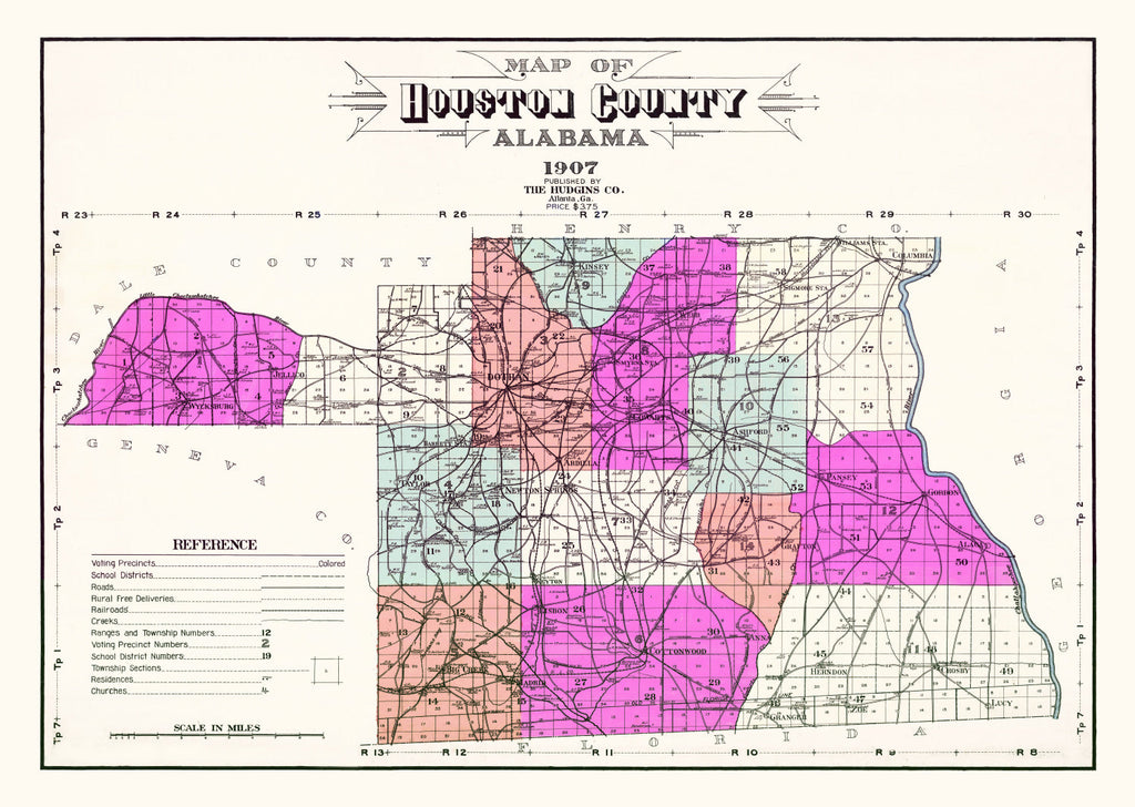 Vintage Map of Houston County, Alabama 1907