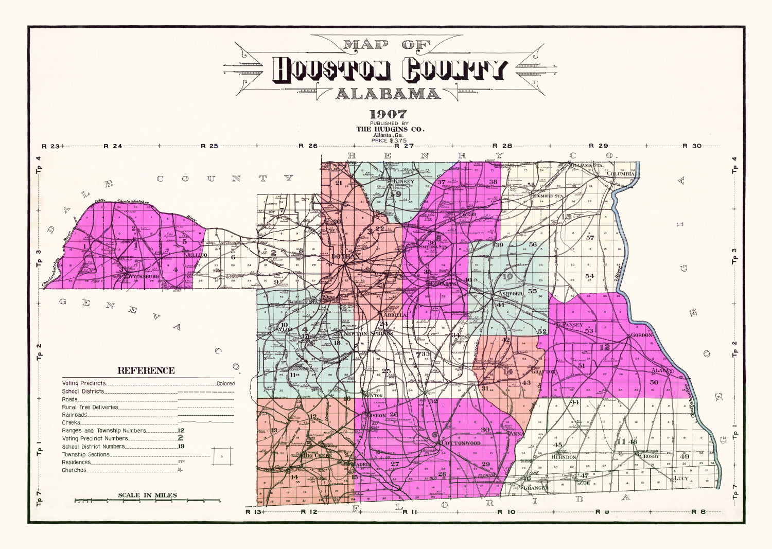 Vintage Map of Houston County, Alabama 1907
