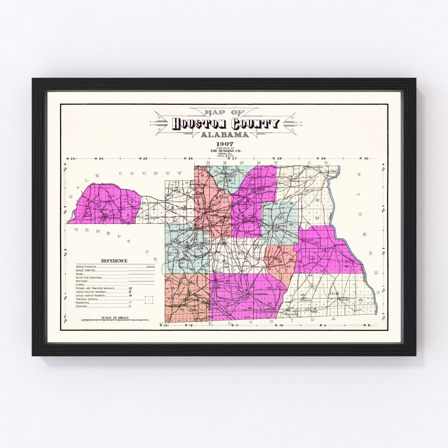 Vintage Map of Houston County, Alabama 1907
