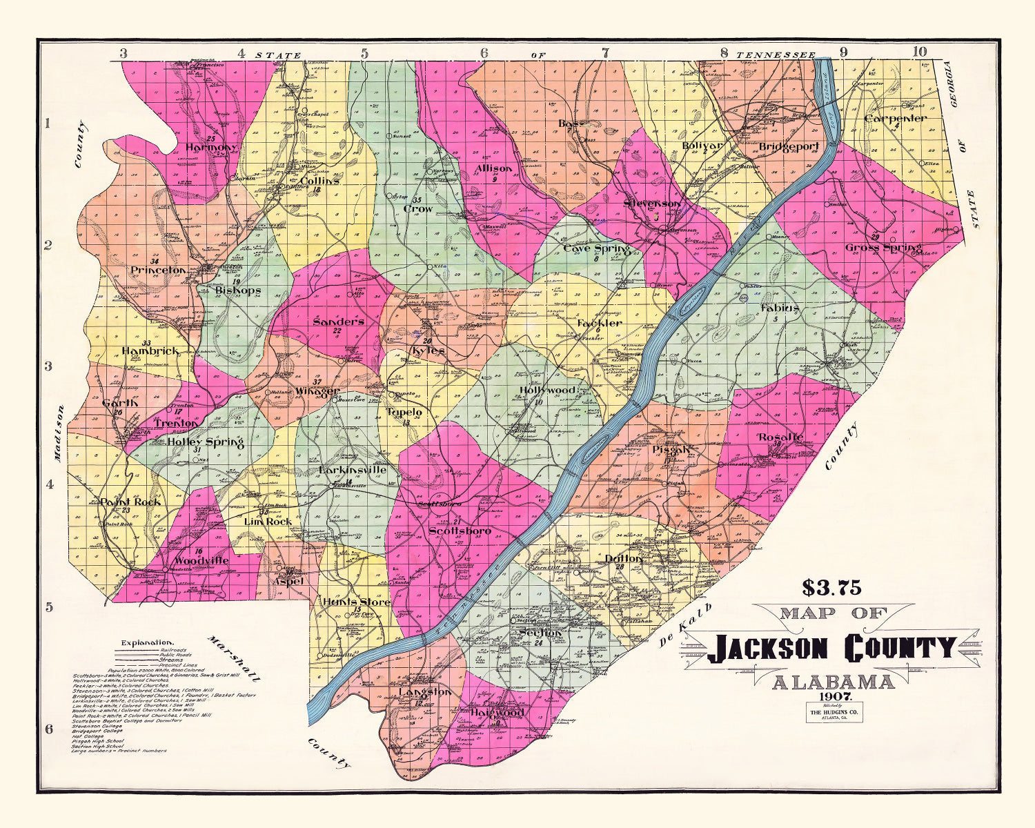 Vintage Map of Jackson County, Alabama 1907