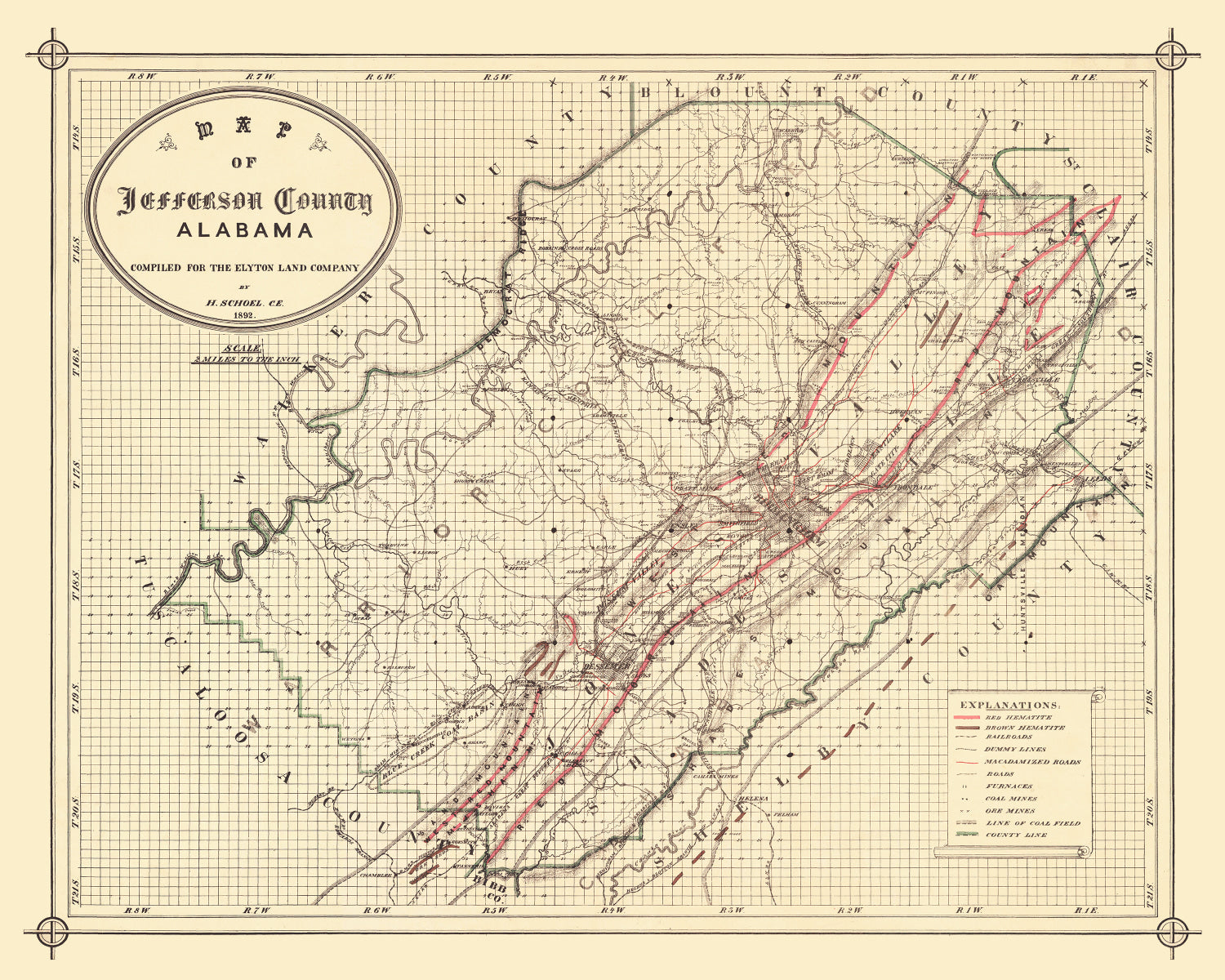 Vintage Map of Jefferson County, Alabama 1892