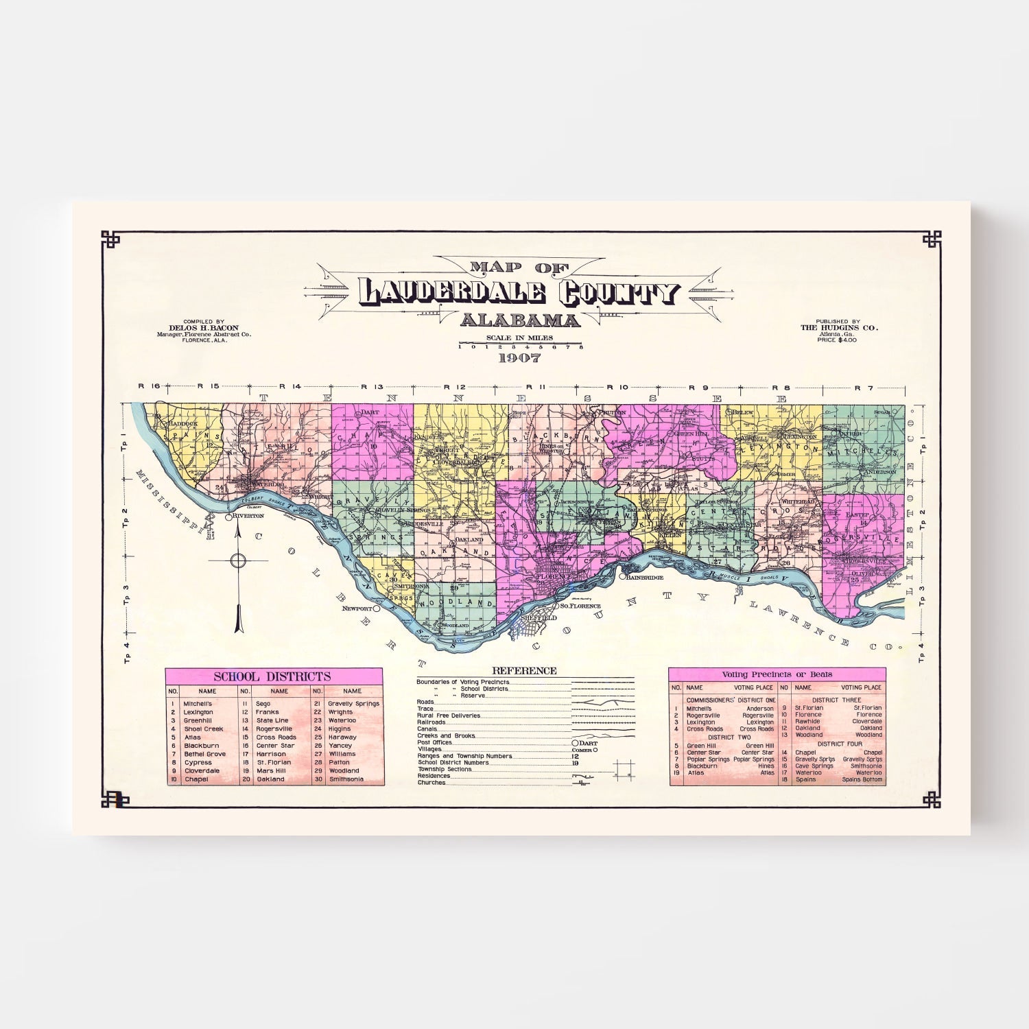 Vintage Map of Lauderdale County, Alabama 1907