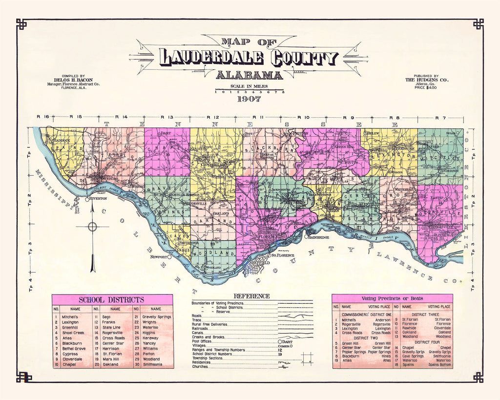 Vintage Map of Lauderdale County, Alabama 1907